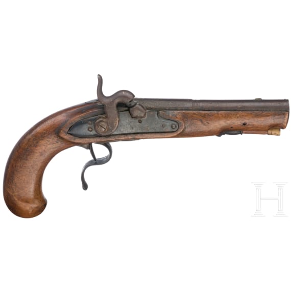 Perkussionspistole und Pulverhorn, um 1800