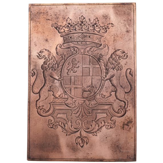 Kupferne Druckplatte mit dem Wappen des Gro&szlig;meisters Manoel de Vilhena, um 1730