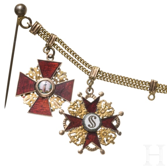F&uuml;nfteiliges Miniaturenkettchen mit St.-Anna-, zwei St.-Stanislaus-, St.-Georgs-Orden und Kr&ouml;nungsmedaille, um 1910