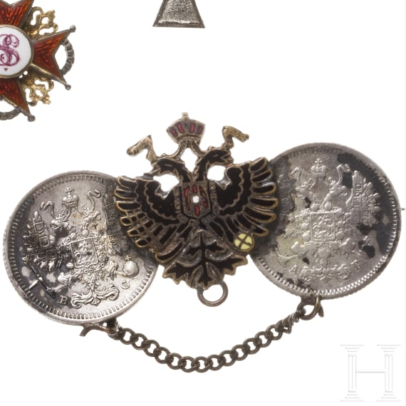 F&uuml;nfteiliges Miniaturenkettchen mit St.-Anna-, zwei St.-Stanislaus-, St.-Georgs-Orden und Kr&ouml;nungsmedaille, um 1910