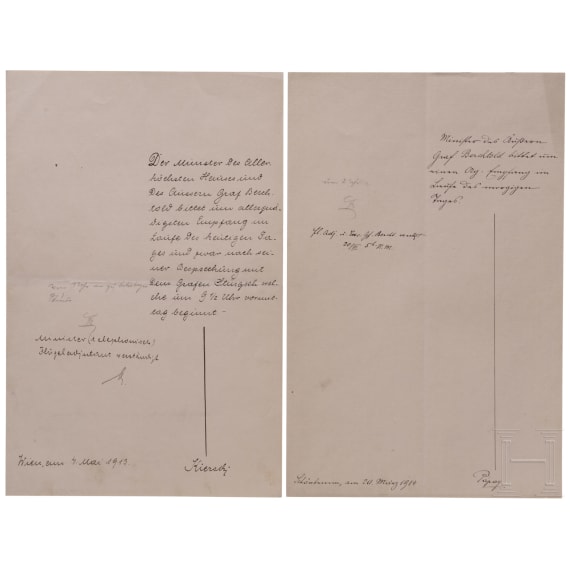 Kaiser Franz Joseph I. von &Ouml;sterreich - zwei eigenh&auml;ndige Antworten mit Paraphen, datiert "Wien, am 4. Mai 1913" bzw. "Sch&ouml;nbrunn, am 20. M&auml;rz 1914"