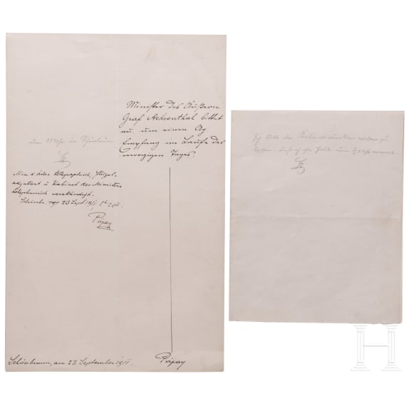 Kaiser Franz Joseph I. von &Ouml;sterreich - eigenh&auml;ndige Antwort mit Paraphe, datiert "Sch&ouml;nbrunn, am 23. September 1911", sowie undatierte Anweisung wohl an Hofsekret&auml;r von P&aacute;pay
