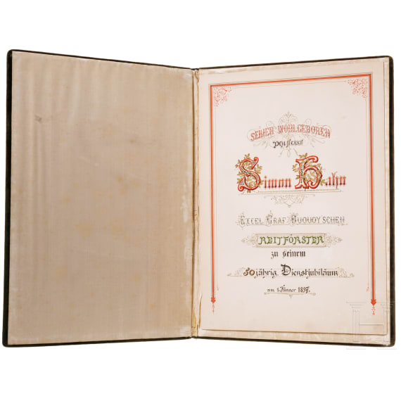 Grafen von Buquoy de Longueval - zwei Ehrenurkunden zum 50-j&auml;hrigen Dienstjubil&auml;um f&uuml;r Simeon Hahn 1897 bzw. Ing. Carl Hahn 1930