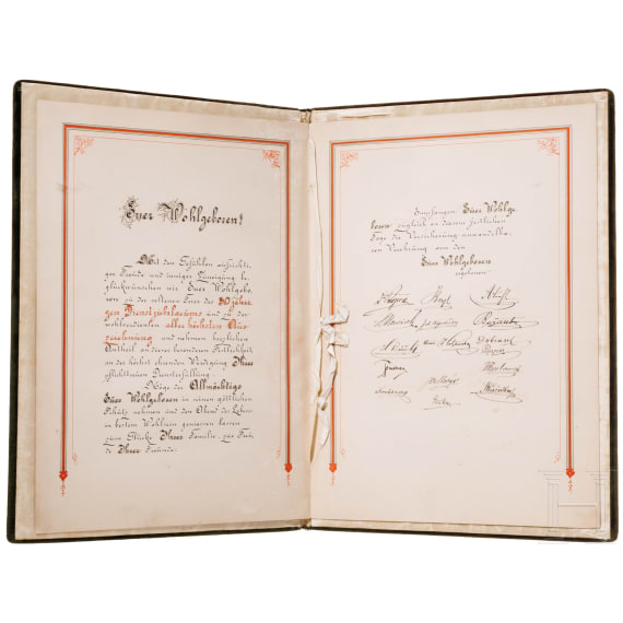 Grafen von Buquoy de Longueval - zwei Ehrenurkunden zum 50-j&auml;hrigen Dienstjubil&auml;um f&uuml;r Simeon Hahn 1897 bzw. Ing. Carl Hahn 1930