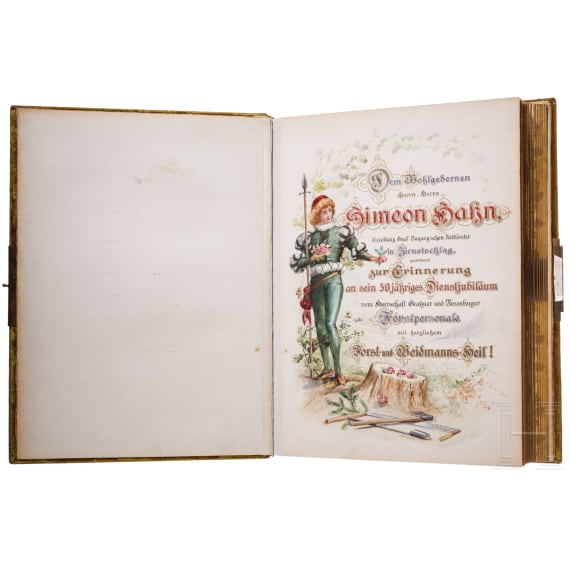 Grafen von Buquoy de Longueval - prunkvolles Geschenk-Fotoalbum zum 50-j&auml;hrigen Dienstjubil&auml;um des Reitf&ouml;rsters Simeon Hahn, 1897