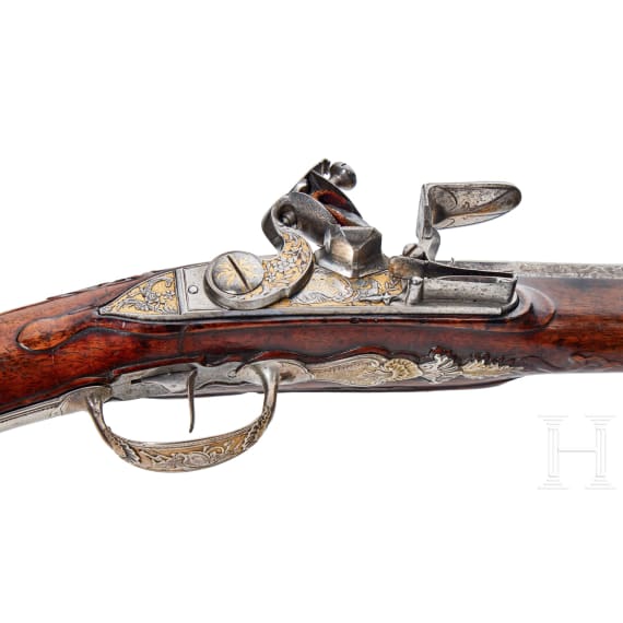Bedeutende silbermontierte, jagdliche Steinschlossb&uuml;chse von Meister Ivan Permiak, St. Petersburg, um 1770