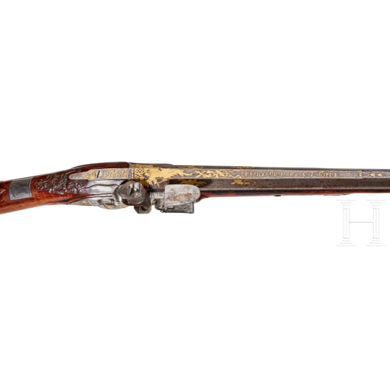 Bedeutende silbermontierte, jagdliche Steinschlossb&uuml;chse von Meister Ivan Permiak, St. Petersburg, um 1770