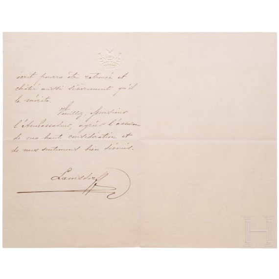 Russischer Au&szlig;enminister Graf Wladimir Nikolajewitsch Lamsdorf (1845 - 1907) - eigenh&auml;ndiger Brief mit Unterschrift