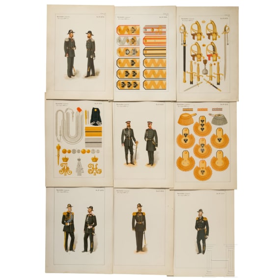 32 gro&szlig;formatige Tafeln mit russischen Uniformen und Waffen, haupts&auml;chlich f&uuml;r Offiziere der kaiserlichen russischen Marine, Russland, St. Petersburg, datiert 1899