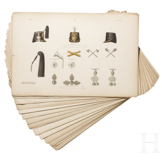 63 gro&szlig;formatige Tafeln mit russischen Uniformen und Waffen, haupts&auml;chlich f&uuml;r Offiziere der kaiserlichen russischen Marine, Russland, St. Petersburg, um 1864