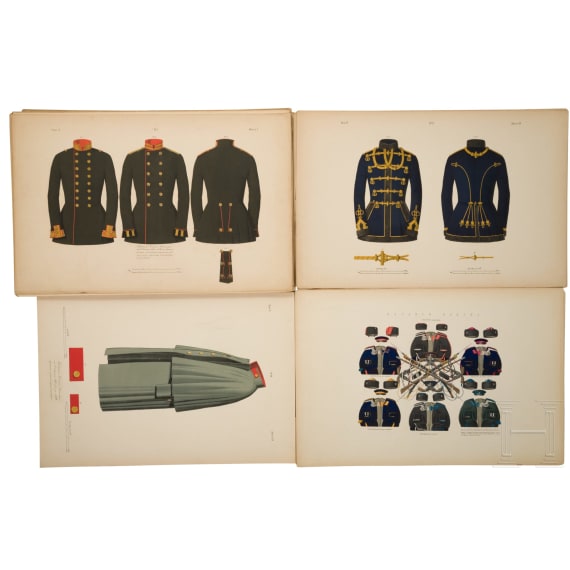63 gro&szlig;formatige Tafeln mit russischen Uniformen und Waffen, haupts&auml;chlich f&uuml;r Offiziere der kaiserlichen russischen Marine, Russland, St. Petersburg, um 1864