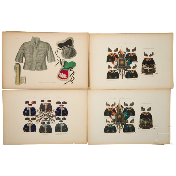 63 gro&szlig;formatige Tafeln mit russischen Uniformen und Waffen, haupts&auml;chlich f&uuml;r Offiziere der kaiserlichen russischen Marine, Russland, St. Petersburg, um 1864