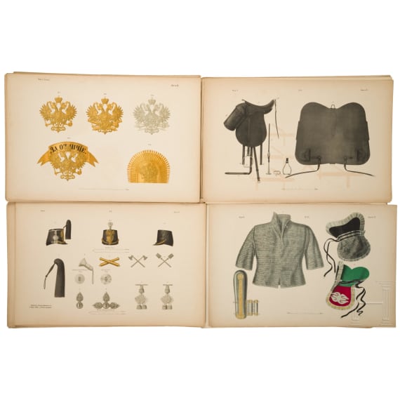 63 gro&szlig;formatige Tafeln mit russischen Uniformen und Waffen, haupts&auml;chlich f&uuml;r Offiziere der kaiserlichen russischen Marine, Russland, St. Petersburg, um 1864