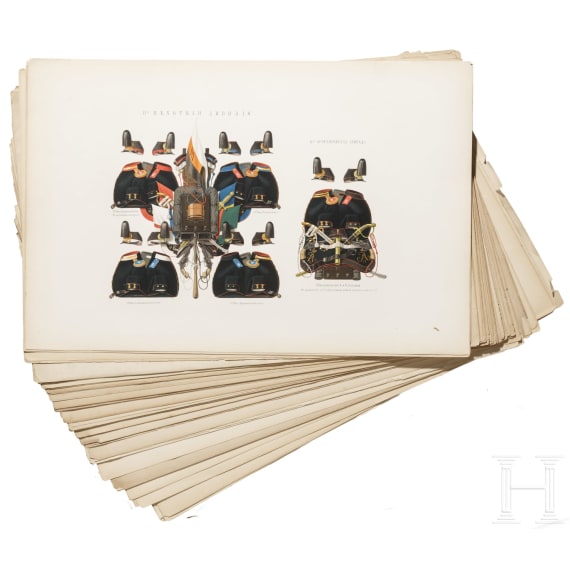 63 gro&szlig;formatige Tafeln mit Uniformen und Waffen, haupts&auml;chlich f&uuml;r Offiziere der kaiserlich russischen Marine, Russland, St. Petersburg, um 1864