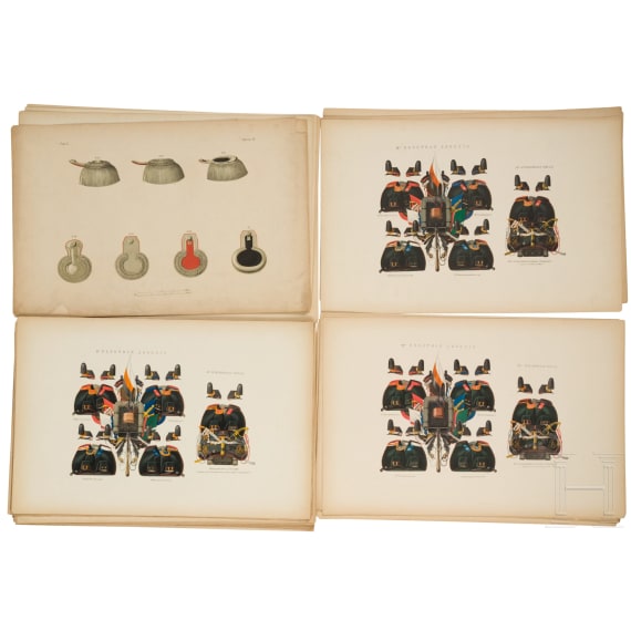 63 gro&szlig;formatige Tafeln mit Uniformen und Waffen, haupts&auml;chlich f&uuml;r Offiziere der kaiserlich russischen Marine, Russland, St. Petersburg, um 1864