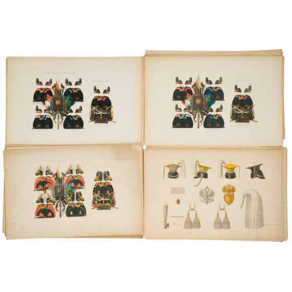 63 gro&szlig;formatige Tafeln mit Uniformen und Waffen, haupts&auml;chlich f&uuml;r Offiziere der kaiserlich russischen Marine, Russland, St. Petersburg, um 1864