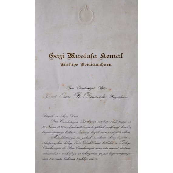 Mustafa Kemal Atat&uuml;rk (1881 - 1938) - signiertes Dokument
