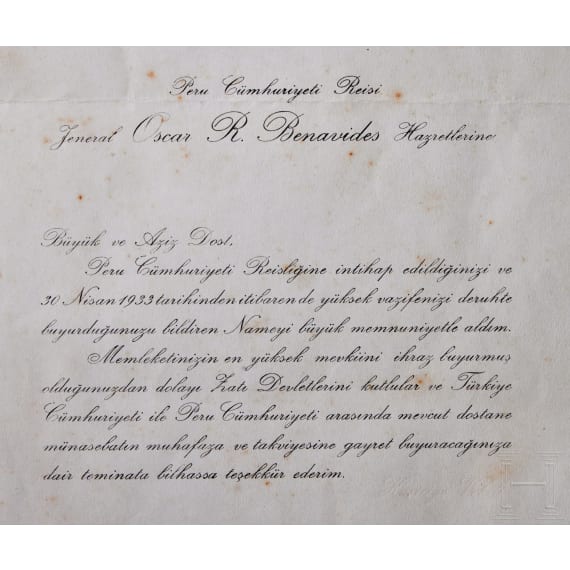 Mustafa Kemal Atat&uuml;rk (1881 - 1938) - signiertes Dokument