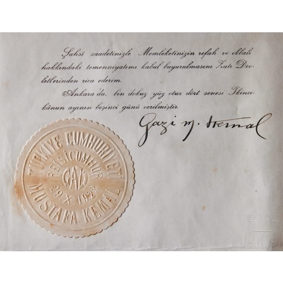 Mustafa Kemal Atat&uuml;rk (1881 - 1938) - signiertes Dokument