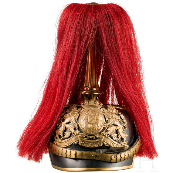 Helm M 1886 f&uuml;r Unteroffiziere der Feldartillerie mit rotem Paradebusch