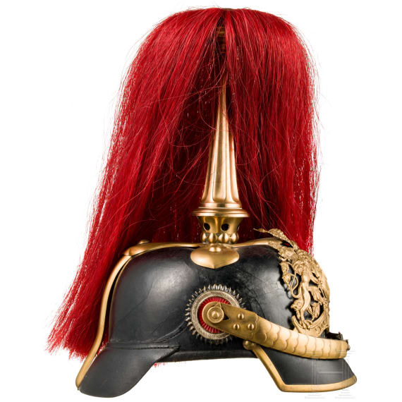Helm M 1886 f&uuml;r Unteroffiziere der Feldartillerie mit rotem Paradebusch
