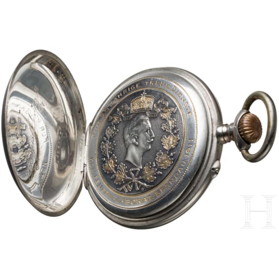Kaiser Wilhelm II. - silberne Pr&auml;senttaschenuhr "F&uuml;r 25j&auml;hrige treue Dienste - Kgl. Feuerw. Laborat Spandau 1911"
