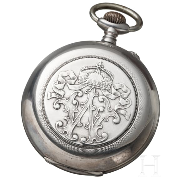 Kaiser Wilhelm II. - silberne Pr&auml;senttaschenuhr "F&uuml;r 25j&auml;hrige treue Dienste - Kgl. Feuerw. Laborat Spandau 1911"