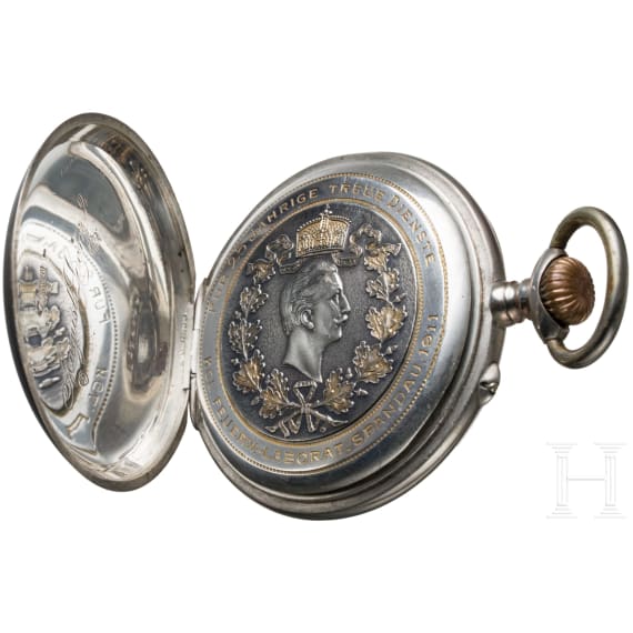 Kaiser Wilhelm II. - silberne Pr&auml;senttaschenuhr "F&uuml;r 25j&auml;hrige treue Dienste - Kgl. Feuerw. Laborat Spandau 1911"