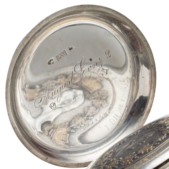 Kaiser Wilhelm II. - silberne Pr&auml;senttaschenuhr "F&uuml;r 25j&auml;hrige treue Dienste - Kgl. Feuerw. Laborat Spandau 1911"