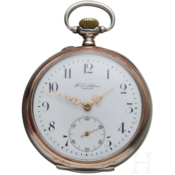Silberne Pr&auml;senttaschenuhr mit dem Portrait Kaiser Wilhelms II. von F. L. L&ouml;bner, Berlin
