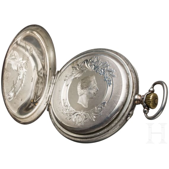 Silberne Pr&auml;senttaschenuhr mit dem Portrait Kaiser Wilhelms II. von F. L. L&ouml;bner, Berlin