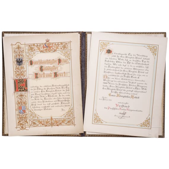 Prinz und Prinzessin Eitel Friedrich von Preu&szlig;en - lederne Prunkmappe mit Gl&uuml;ckw&uuml;nschen zur Verm&auml;hlung 1906 des Preu&szlig;. Landeskriegerverbandes