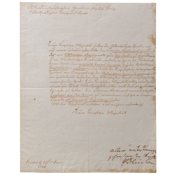 Gebhard Leberecht F&uuml;rst Bl&uuml;cher von Wahlstatt (1742 - 1819) - eigenh&auml;ndige Gru&szlig;formel und Signatur auf einem Brief an K&ouml;nig Friedrich Wilhelm II., 1795