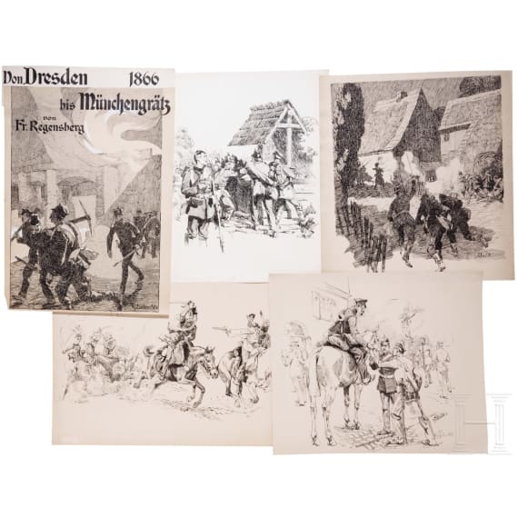 Georg Lebrecht (1875 - 1945) - 32 Tuschezeichnungen zum Preu&szlig;isch-&Ouml;sterreichischen Krieg 1866 sowie Illustrationen zu den Regensberg-B&uuml;chern "1866", um 1900