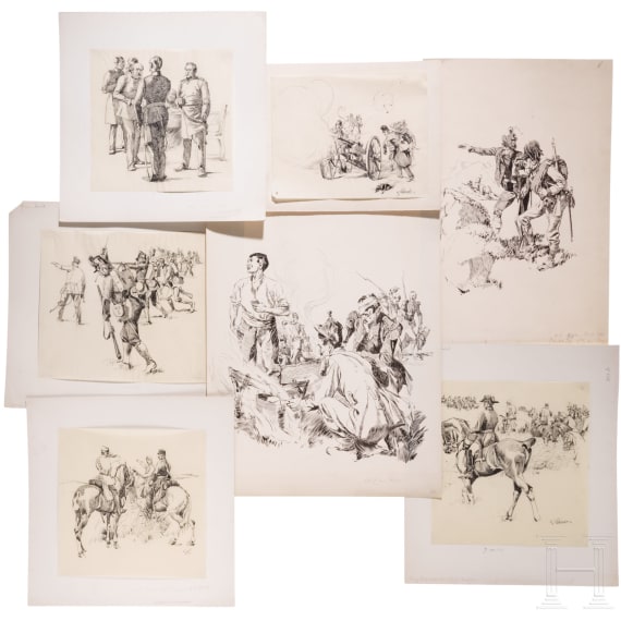 Georg Lebrecht (1875 - 1945) - 32 Tuschezeichnungen zum Preu&szlig;isch-&Ouml;sterreichischen Krieg 1866 sowie Illustrationen zu den Regensberg-B&uuml;chern "1866", um 1900
