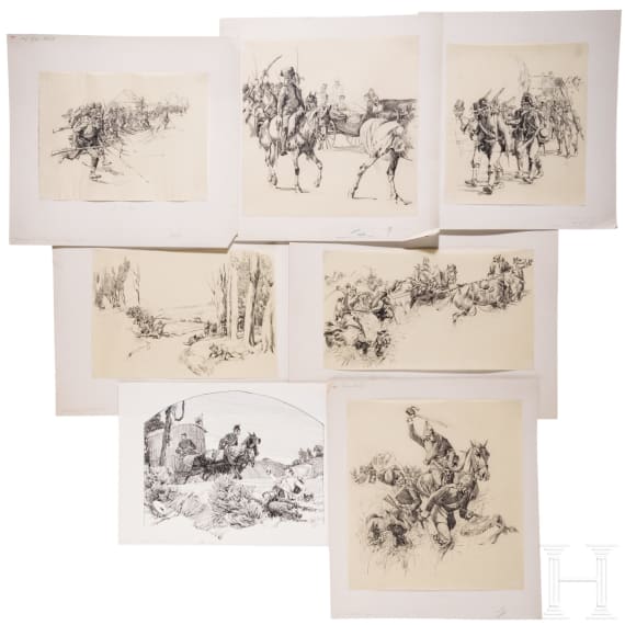 Georg Lebrecht (1875 - 1945) - 32 Tuschezeichnungen zum Preu&szlig;isch-&Ouml;sterreichischen Krieg 1866 sowie Illustrationen zu den Regensberg-B&uuml;chern "1866", um 1900