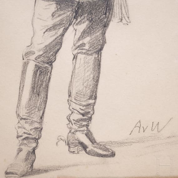 Anton von Werner (1843 - 1915) - Dragoneroffizier mit erhobenem S&auml;bel, Bleistiftzeichnung