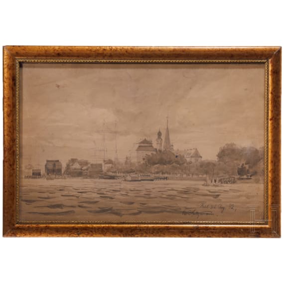 Carl Saltzmann (1847 - 1923) - aquarellierte Bleistiftzeichnung mit Ansicht von Kiel, 1882