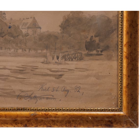 Carl Saltzmann (1847 - 1923) - aquarellierte Bleistiftzeichnung mit Ansicht von Kiel, 1882