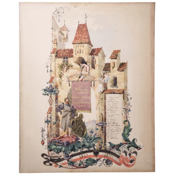 Otto F&uuml;rst von Bismarck (1815 - 1898) - lederne Prunkmappe von Georg Hulbe mit Gl&uuml;ckw&uuml;nschen der Baugewerks-Innung Steglitz zu seinem 80. Geburtstag 1895