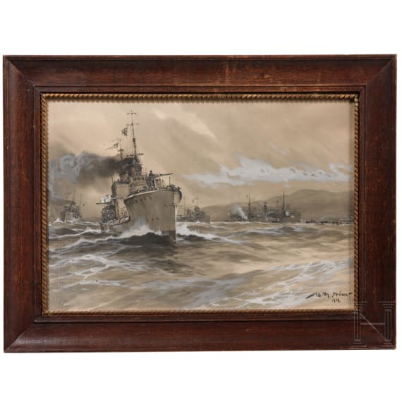 Willy St&ouml;wer (1864 - 1931) - Eroberung der Baltischen Inseln, datiert 1917, sowie Schlachtschiffszene von Frank Mason