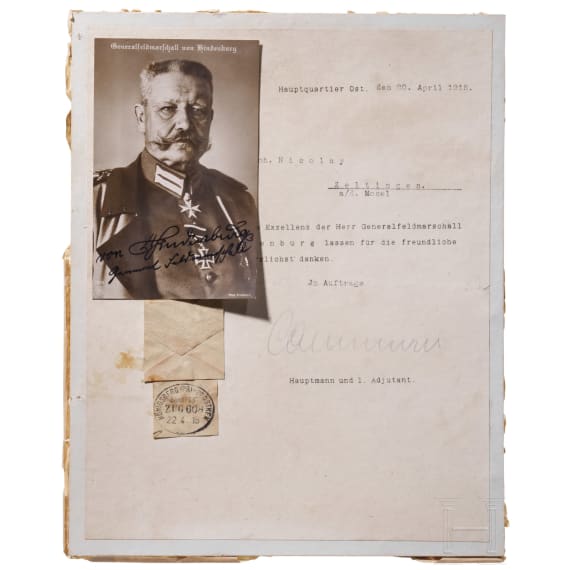 GFM Paul von Hindenburg (1847 - 1934) - signiertes Portraitfoto mit &Uuml;bersendungsschreiben sowie f&uuml;nf weitere Fotos