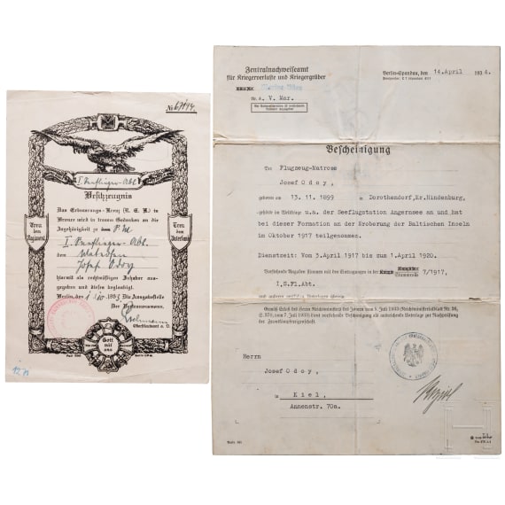 Flugzeug-Matrose Josef Odoy - Besitzzeugnis zum preu&szlig;ischen Erinnerungskreuz "Treu dem Regiment" f&uuml;r seine Teilnahme am "Unternehmen Albion" im Oktober 1917
