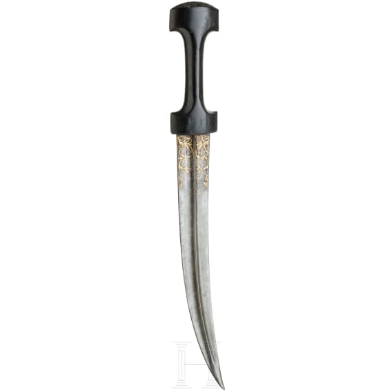 An Ottoman gold-inlaid khanjar with carved ebony handle, 19th century