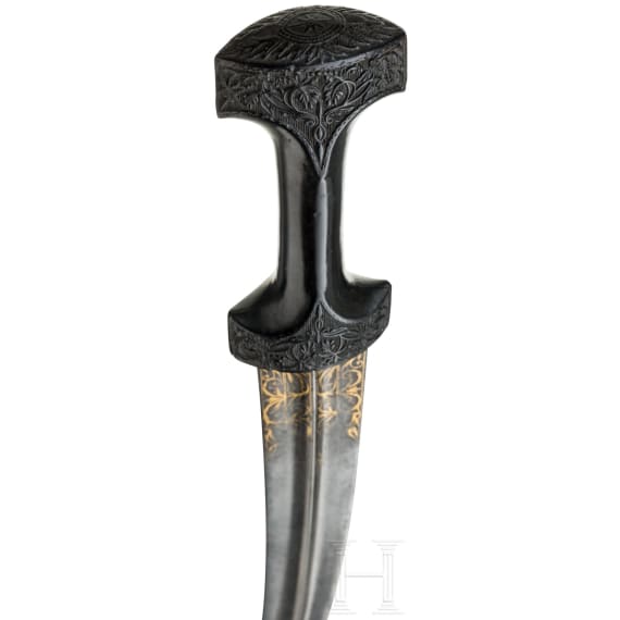An Ottoman gold-inlaid khanjar with carved ebony handle, 19th century