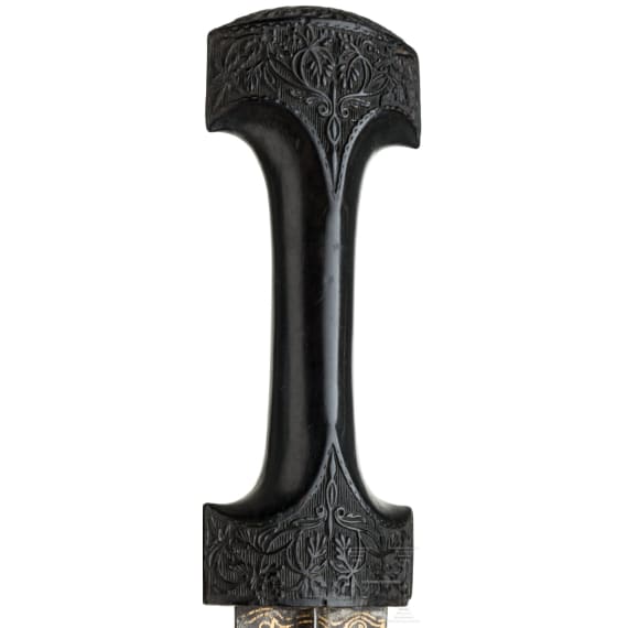An Ottoman gold-inlaid khanjar with carved ebony handle, 19th century
