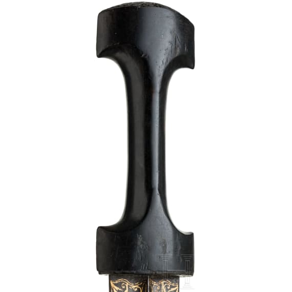 An Ottoman gold-inlaid khanjar with carved ebony handle, 19th century
