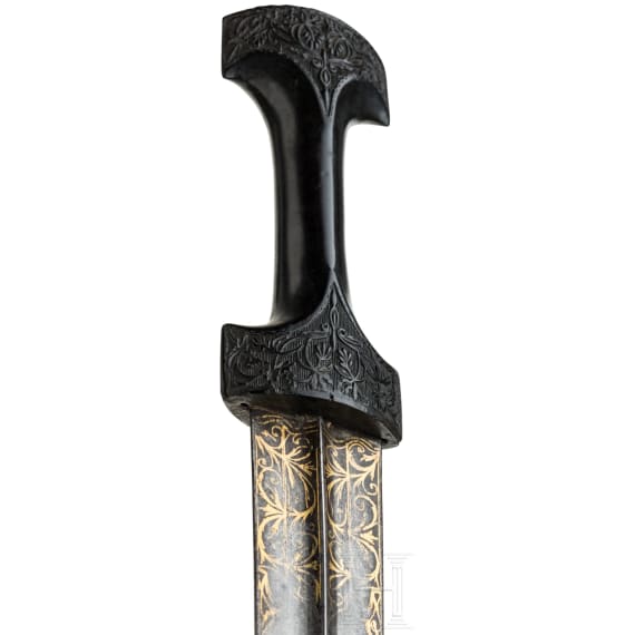 An Ottoman gold-inlaid khanjar with carved ebony handle, 19th century