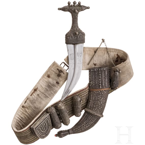 Silbermontierte Djambia mit G&uuml;rtel, Jemen, Jizan, 1. H&auml;lfte 20. Jhdt.