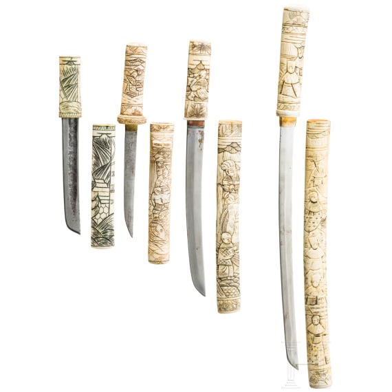 A Japanese wakizashi and three tantos with bone mounting, 20th century
